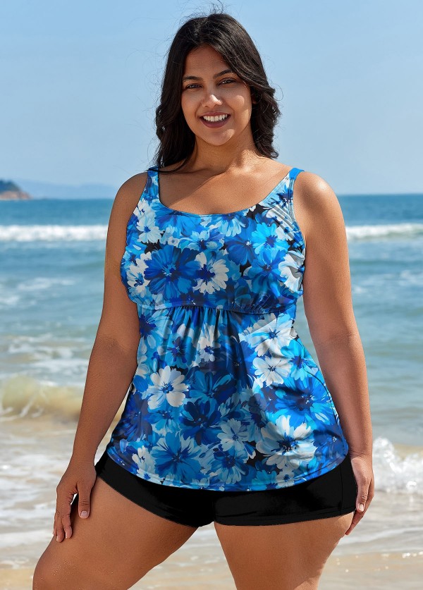 Curvy Blue Floral Modest Retro Swimsuit And Swimwear Tankini Top
