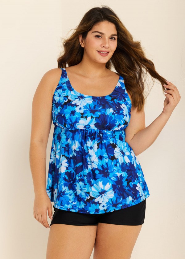 Curvy Blue Floral Modest Retro Swimsuit And Swimwear Tankini Top