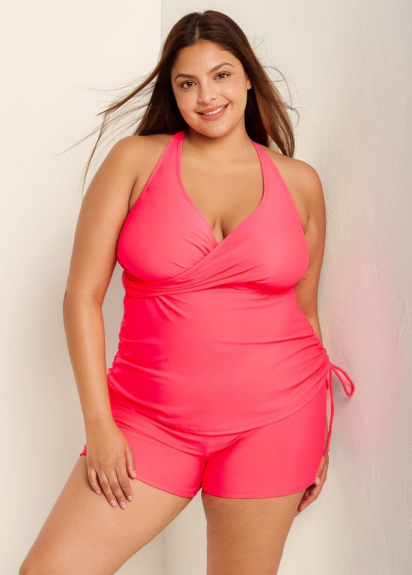 Drawstring Stylish Pink Twisted Front Women Tankini Set