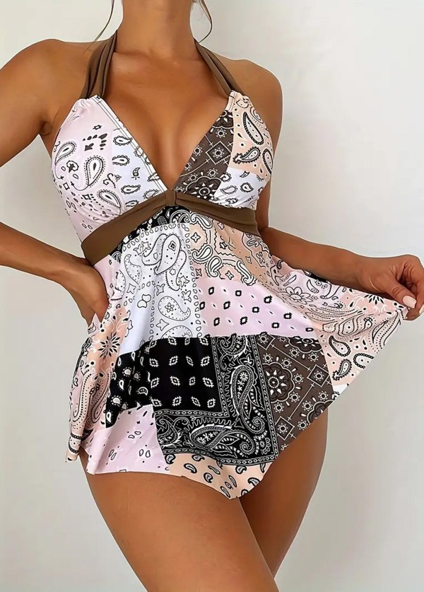 Paisley Print Halter V Neck Flowy Women Tankini Top
