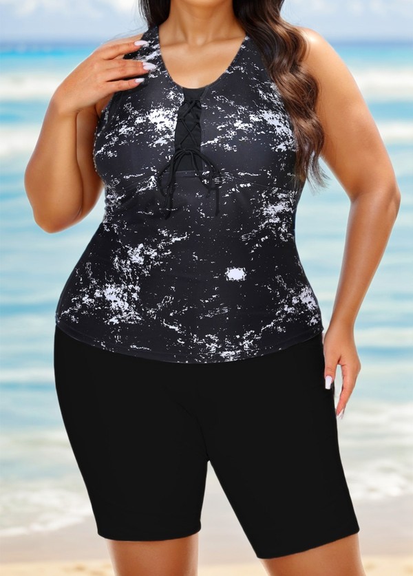 Plus Size Tie Dye Black Racerback Modest Rash Guard Tankini Top