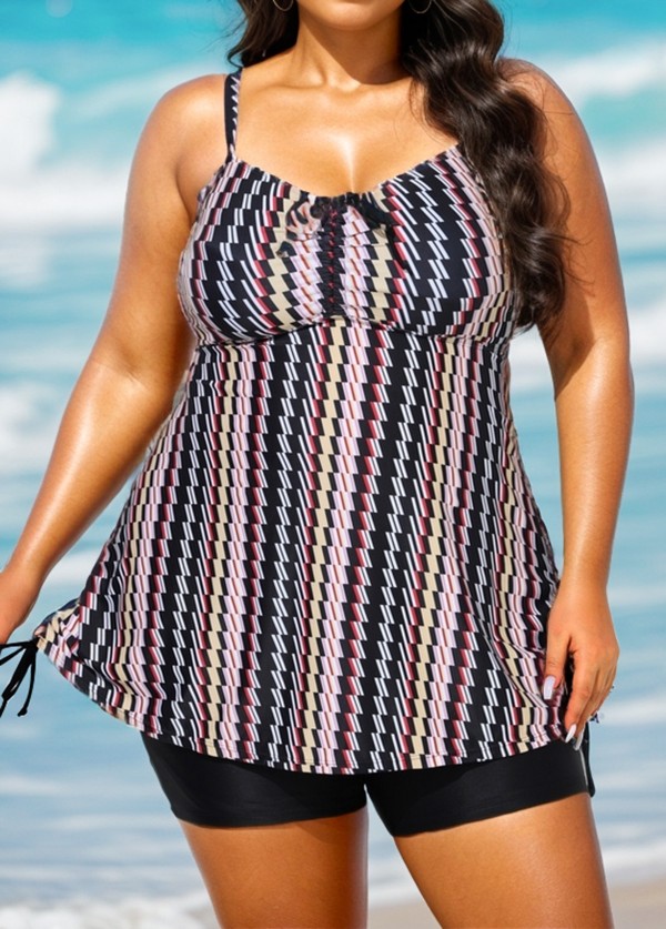 Plus Size Vintage Geometric Print Drawstring Tankini Top