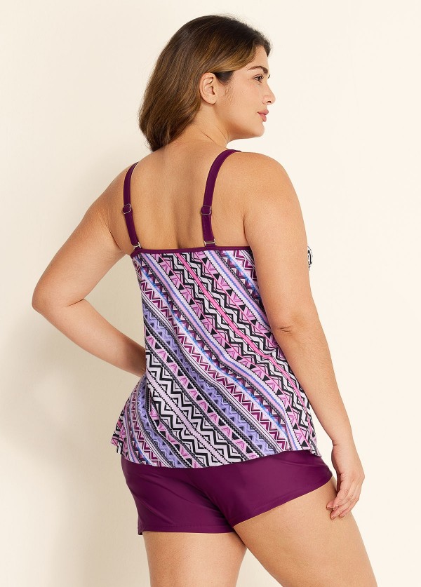 Plus Size Romantic Purple Geometric Casual Tankini Set