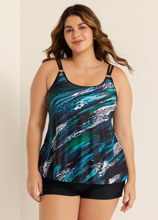 Circular Ring Double Straps Mid Waist Green Casual Tankini Set