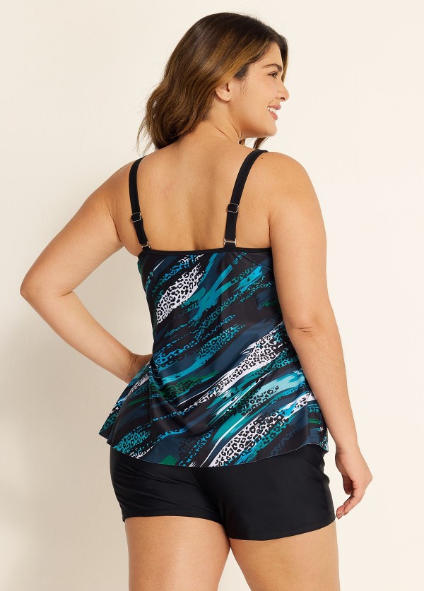 Circular Ring Double Straps Mid Waist Green Casual Tankini Set
