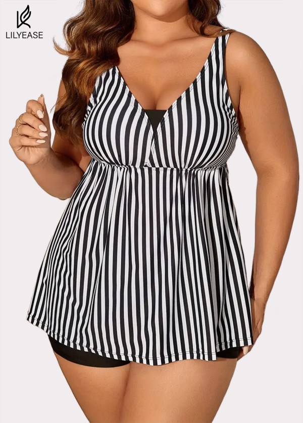 Black And White Striped Print Bow Tie Front Tankini Top