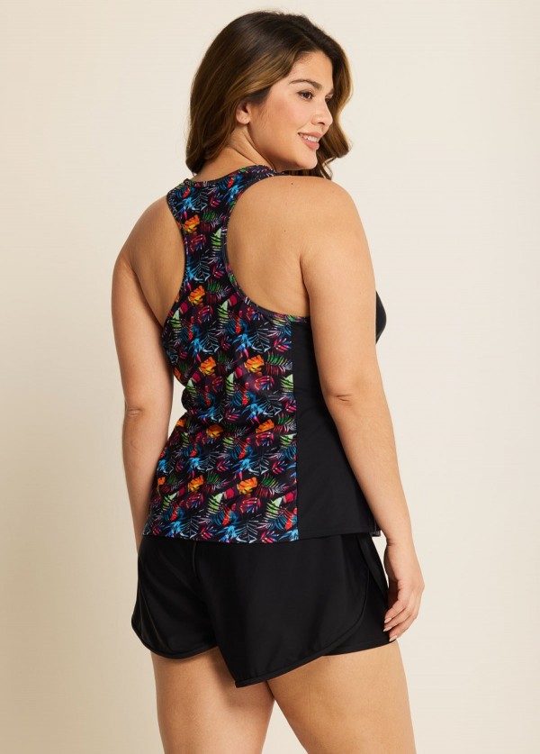 Plus Size Black Leaf Print Zipper Swimsuit And Swimwear Tankini Top