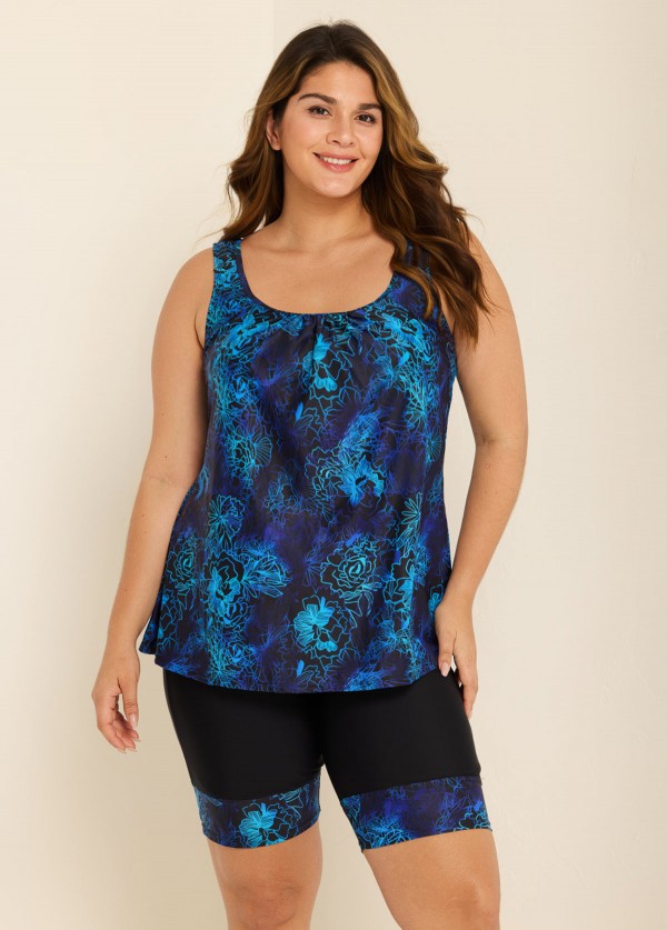 Curvy Blue Floral Modest And Sporty Swimsuit And Swimwear Tankini Set
