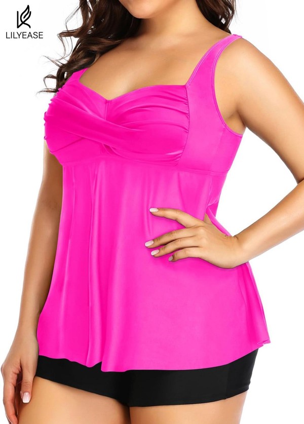 Hot Pink Twist Front Charming Tankini Top