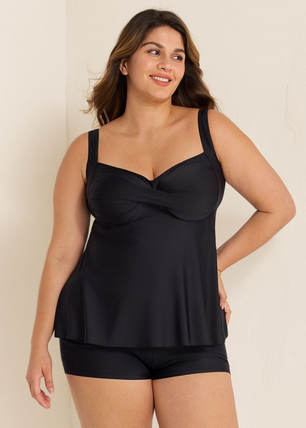 Black Twist Front Plus Size Modest Fashion Tankini Swimsuit Top