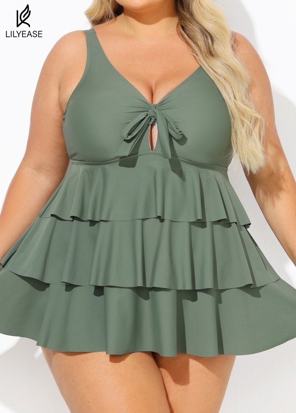 Green Knotted Front Ruffle Tiered Elegant Tankini Top
