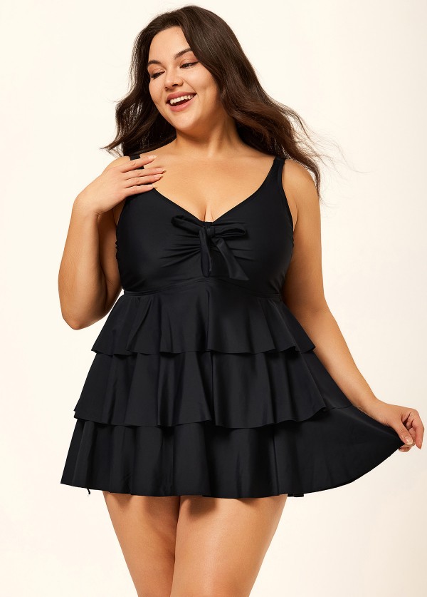 Black Knotted Front Ruffle Tiered Elegant Tankini Top