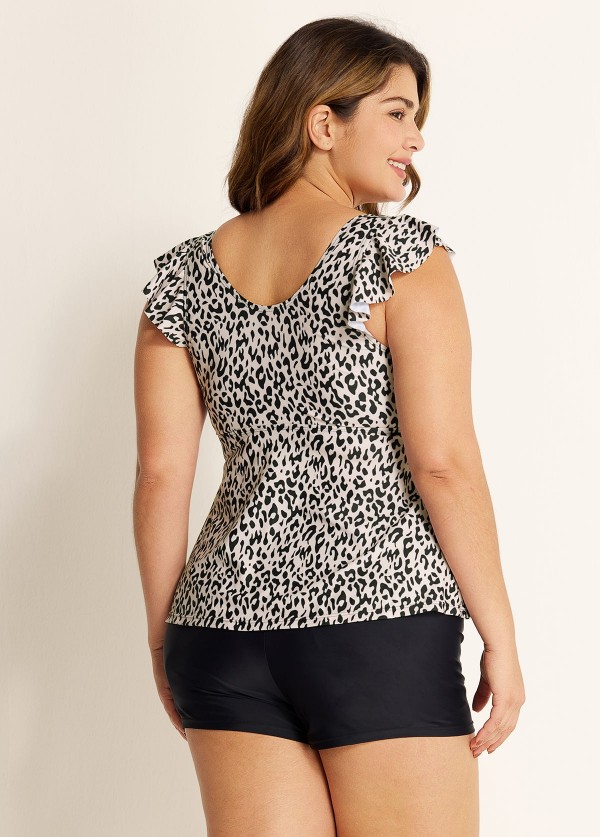 Leopard Print V Neck Ruffle Sleeve Plus Size Women Tankini Top
