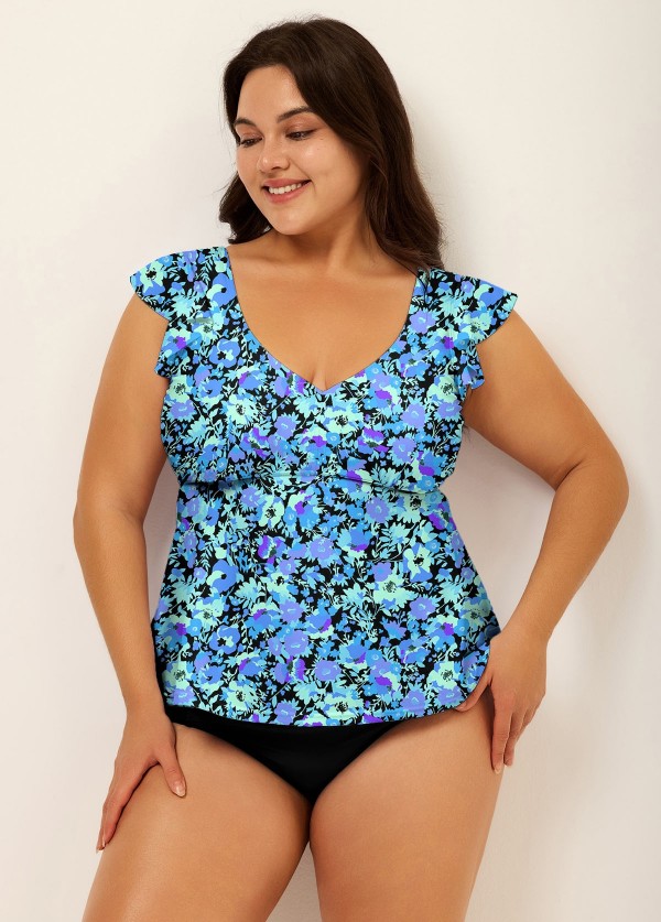 Blue Floral Print V Neck Ruffle Sleeve Plus Size Tankini Top