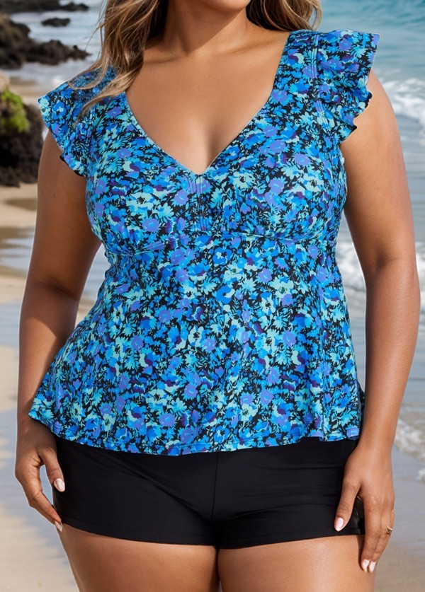 Blue Floral Print V Neck Ruffle Sleeve Plus Size Tankini Top