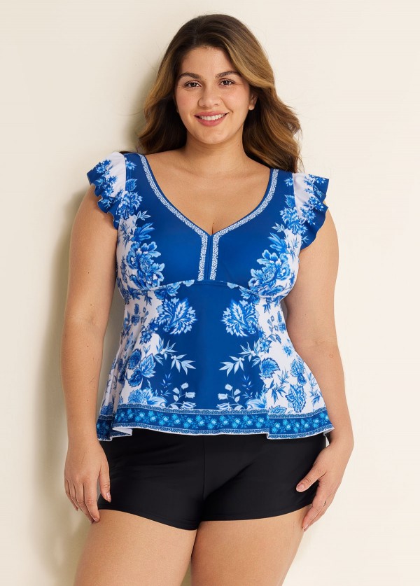 Plus Size  Blue And White Ruffle Sleeve Swimwear Bathing Suits Tankini Top