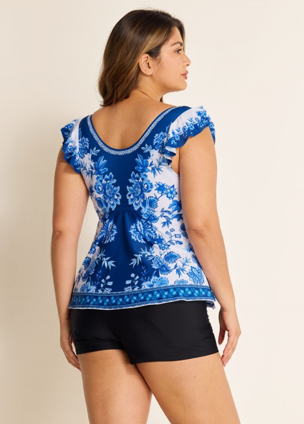 Plus Size  Blue And White Ruffle Sleeve Swimwear Bathing Suits Tankini Top