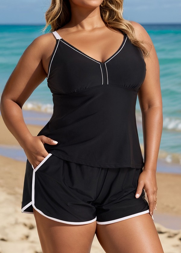 Black And White Sporty Comfortable Plus Size Tankini Top