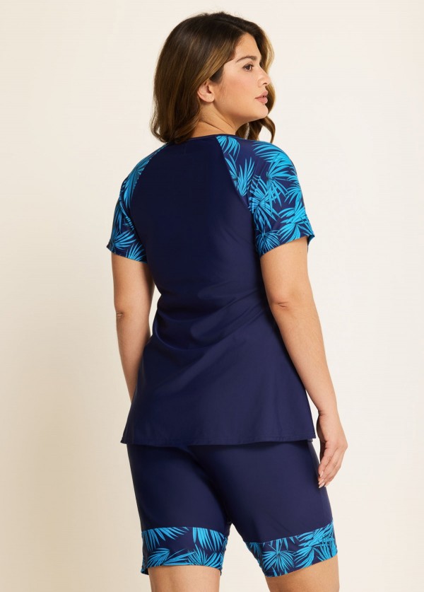 Blue Plants Pullover Short Sleeve Modest Plus Size Fashion Casual Tankini Set