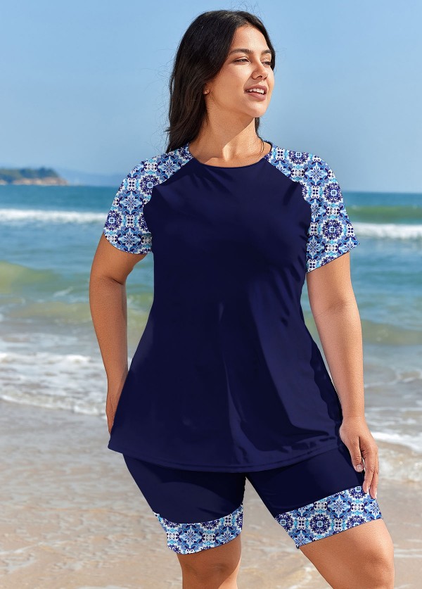 Plus Size Navy Geometric Print Short Sleeve Swimsuits Tankini Set