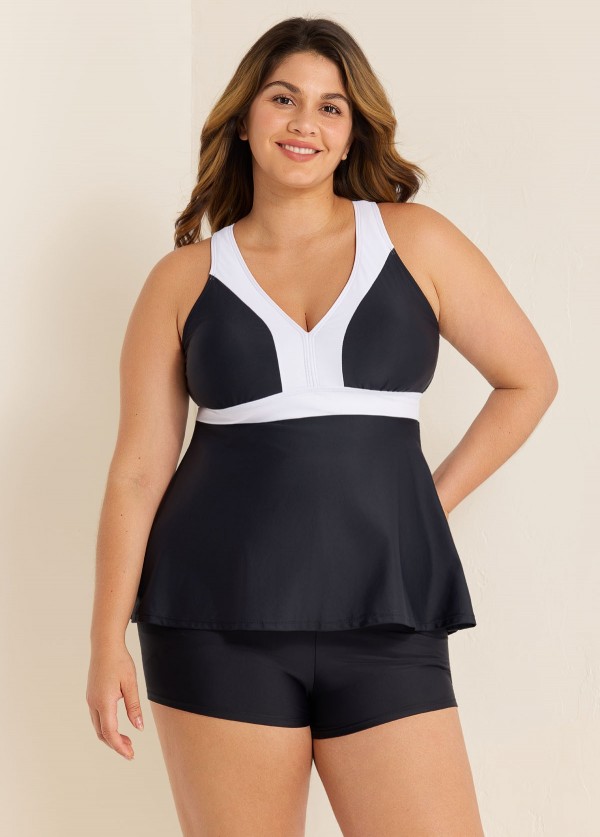 Black And White V Neck Ruffle Fashion Tankin Top