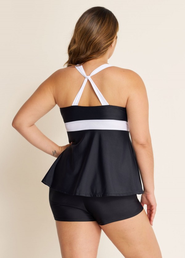 Black And White V Neck Ruffle Fashion Tankin Top