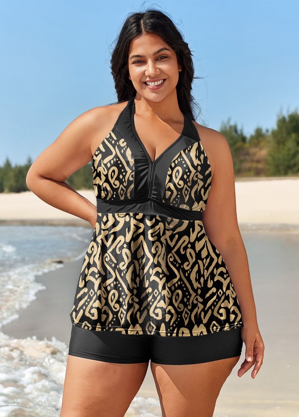 Plus Size Yellow Geometric Print Vintage Swimsuits Tankini Top