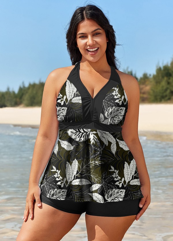 Curvy Black Leaf Print Vintage Swimsuit And Swimwear Tankini Top