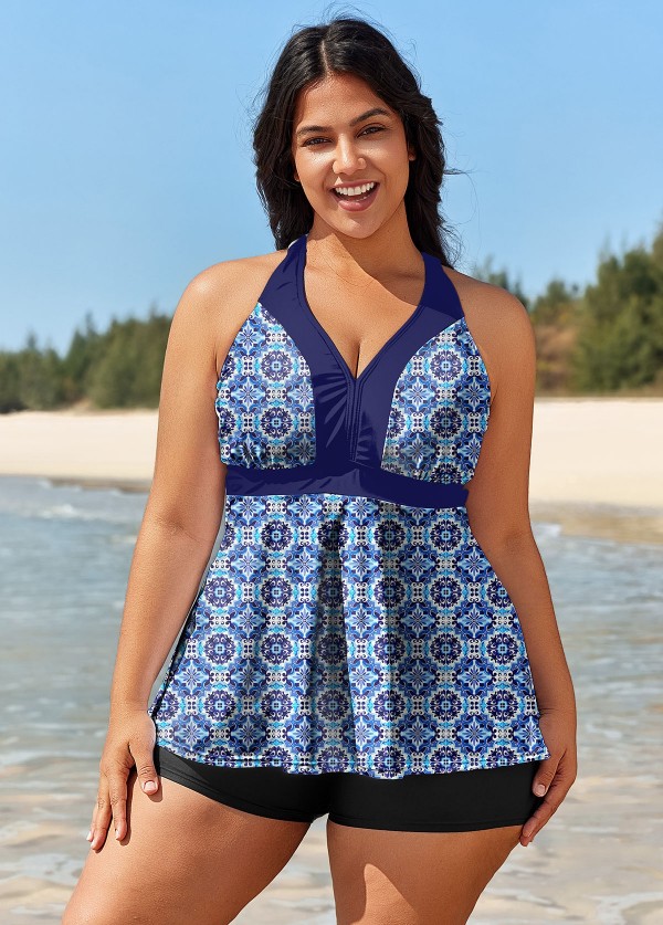 Plus Size Navy Geometric Print Modest Swimwear Bathing Suits Tankini Top
