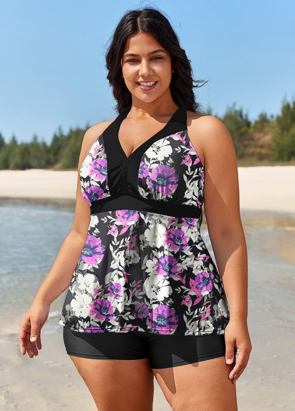 Curvy Purple Floral Modest Swimsuit And Swimwear Tankini Top