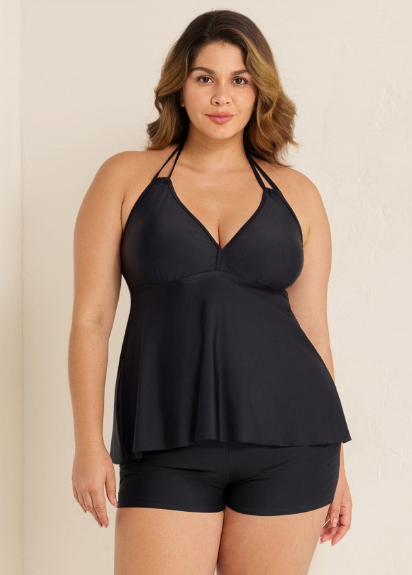 Black V-Neck Halter Plus Size Modest Tankini Swimsuit Top