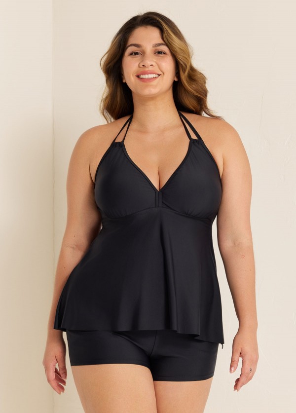 Black V Neck Halter Plus Size Modest Tankini Swimsuit Top