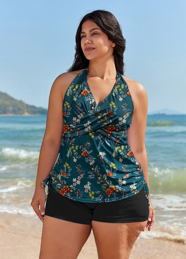 Curvy Green Floral Drawstring Swimsuit And Swimwear Tankini Top