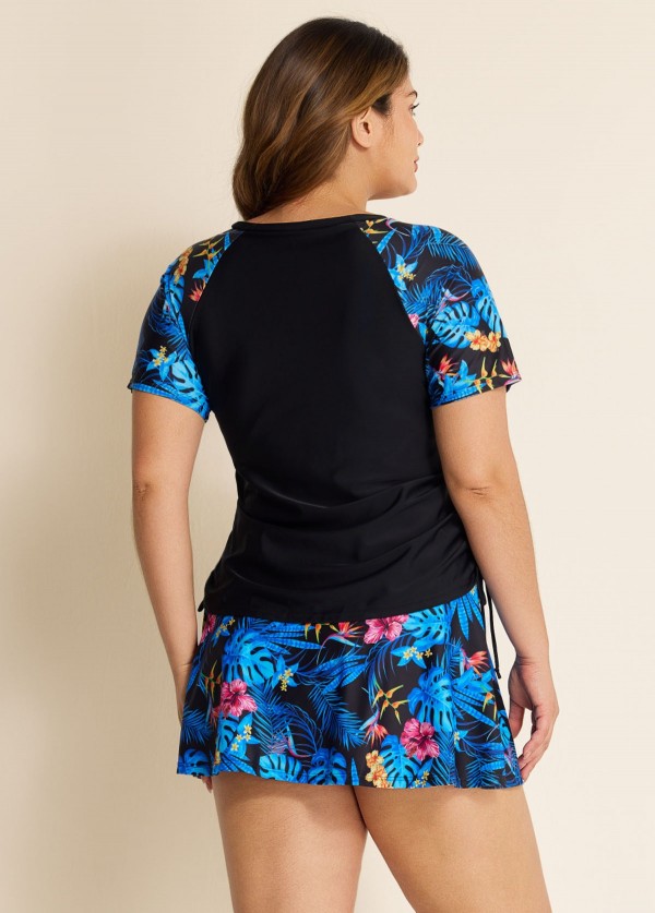 Black Floral Print Side Drawstring Plus Size Tankini Top