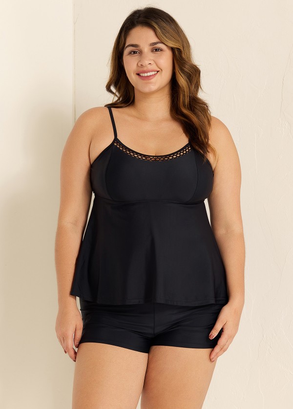 Black Cutout Edge Scoop Neck Plus Size Tankini Top