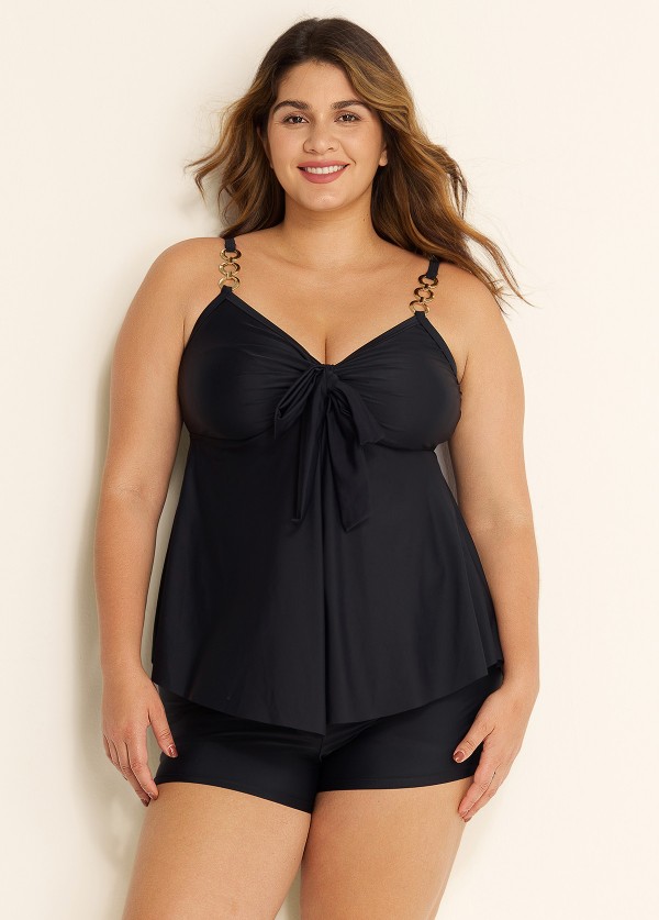 Black V Neck Ring Metal Ruched Front Tankini Top