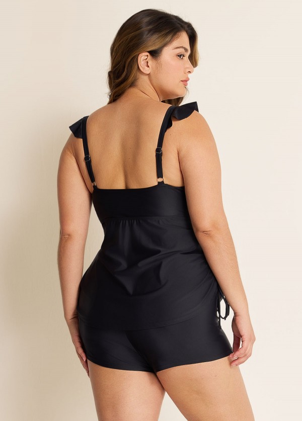 Black V Neck Plus Size Modest Ruffle Drawstring Tankini Swimsuit Top