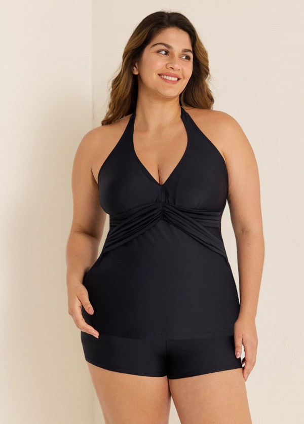 Black V Neck Waist Knot Plus Size Modest Fashion Tankini Swimsuit Top