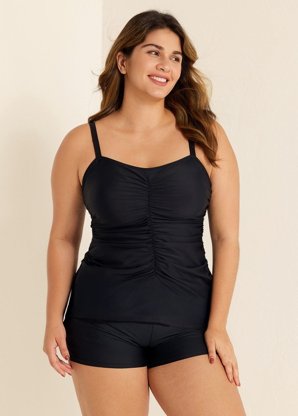 Black Plus Size Ruched Fashion Tankini Top