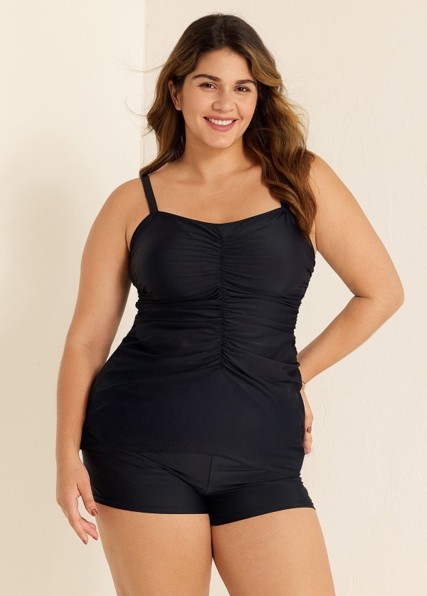 Black Plus Size Ruched Fashion Tankini Top