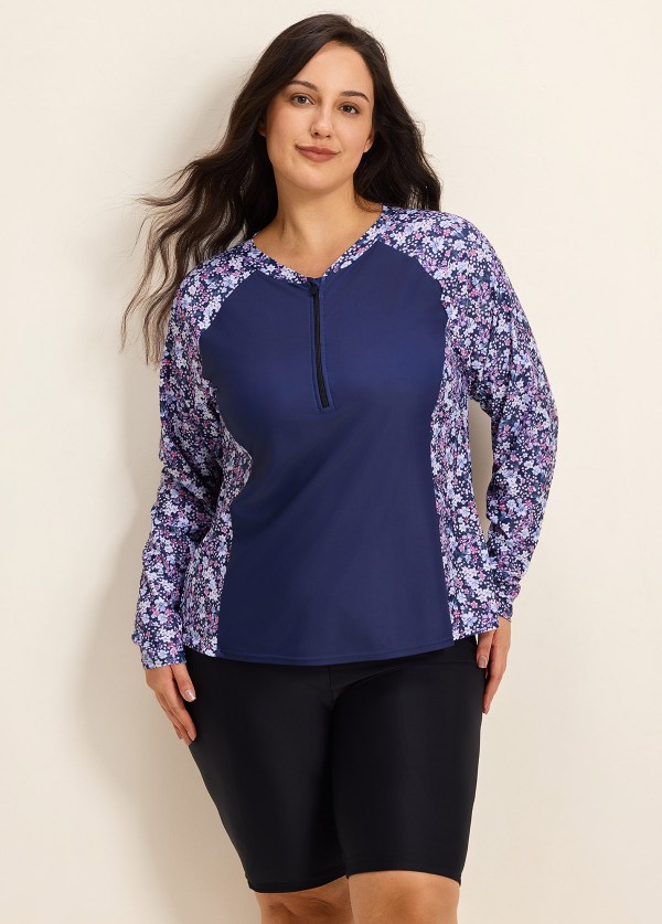 Purple Floral Print High Neck Upf50+ Long Sleeves Zipper Curvy Women's Swimsuit Shirt Tankini Top