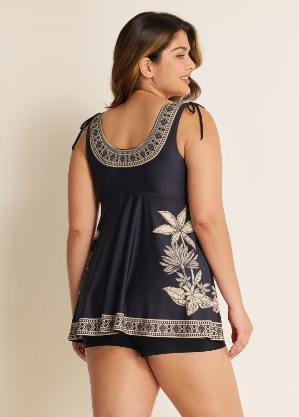 Plus Size Black Floral V Neck Wide Straps Swimsuit Tankini Top
