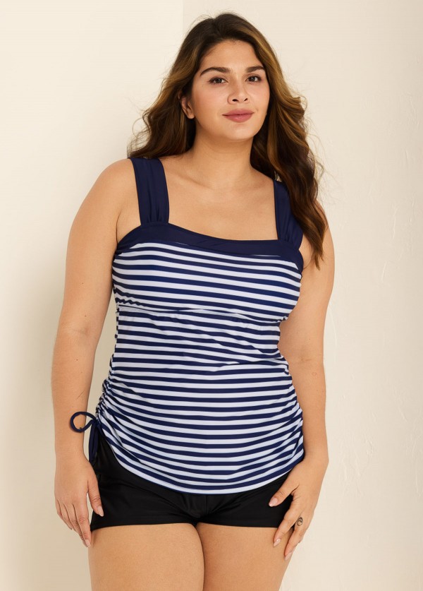 Navy Stripes Wide Straps Side Drawstring Two Piece Bathing Suits Tankini Top