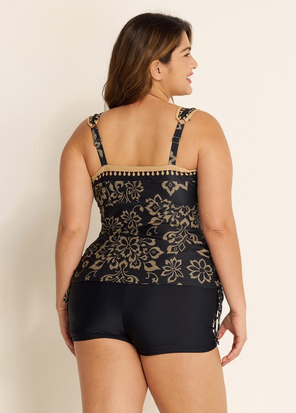 Black Floral Wide Straps Side Drawstring Plus Size Two Piece Swimsuit Tankini Top