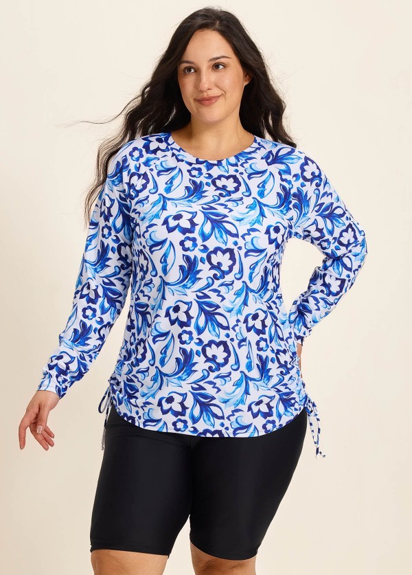 Curvy Blue And White Floral? Upf50+ Long Sleeves Side Drawstring Swimsuit Shirt Tankini Top