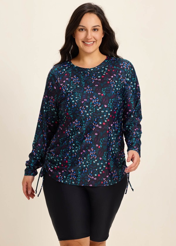 Plus Size Black Upf 50+ Long Sleeves Drawstring Women's Swimsuit Rash Guards Tankini Top