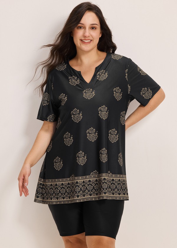 Curvy Black Floral V Neck Loose Short Sleeves Swimsuit Tankini Top