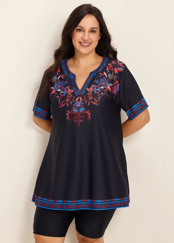 Plus Size Purple V Neck Upf50+ Short Sleeves Modest Padded Swimsuit Long Tankini Top