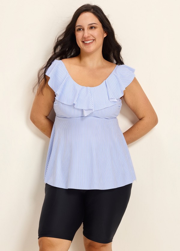 Plus Size Blue Stripe Print Scoop Neck Built In Bra Ruffle Women's Swimsuit Tankini Top