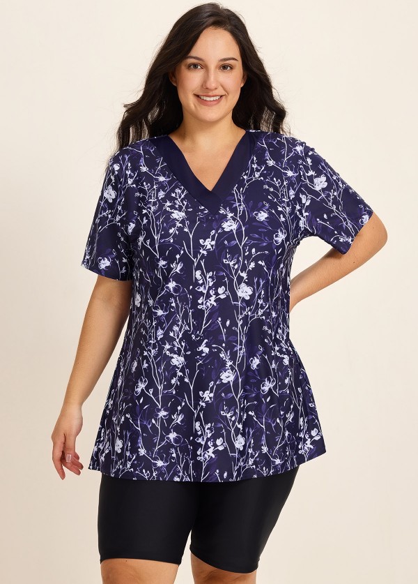 Curvy Purple Floral V Neck? Upf50+ Short Sleeves Flattering Padded Swimsuit Long Tankini Top